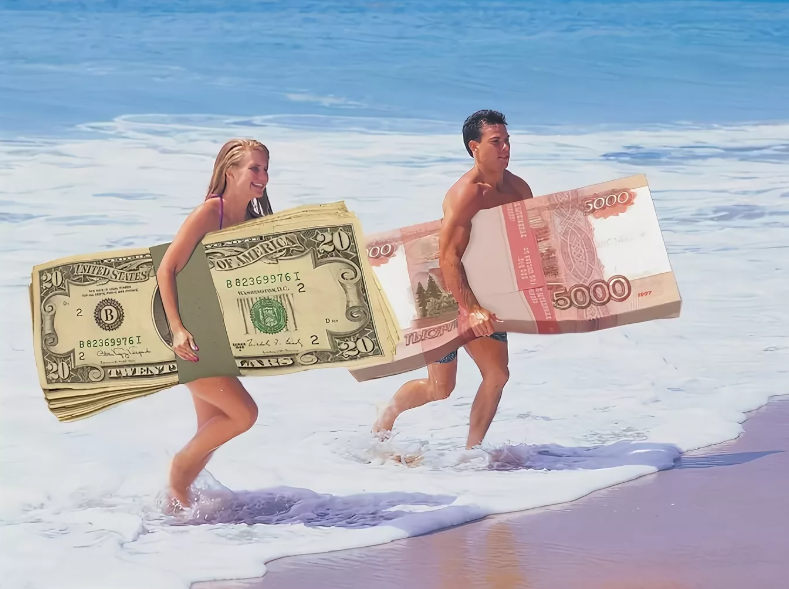 Муж уезжает в отпуск. Деньги на отдых. Море денег. Пляж и деньги. Туризм деньги.